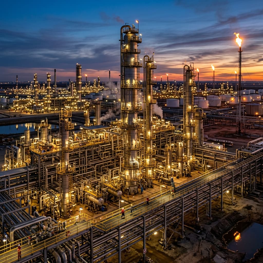 Oil and gas refinery at dusk